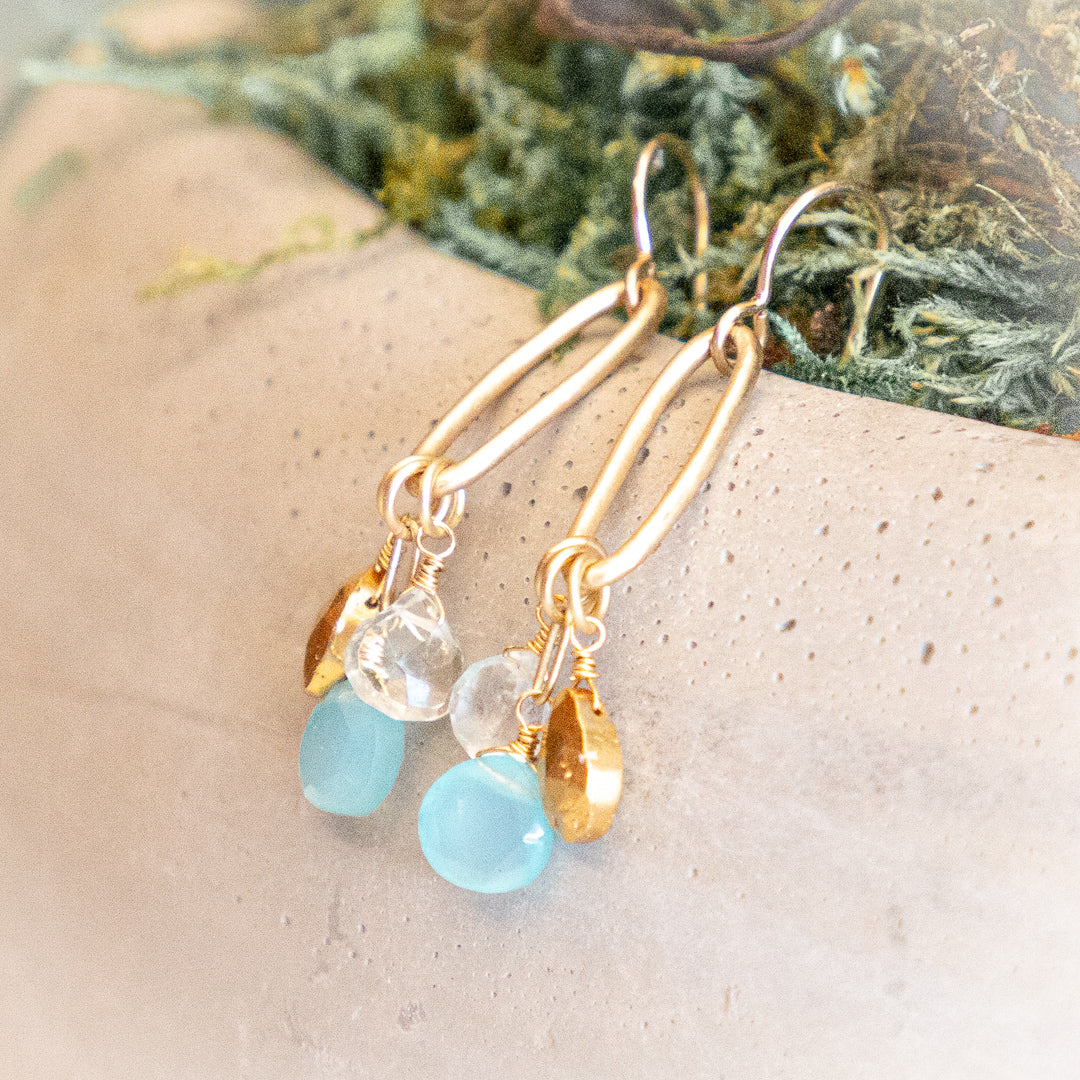 Cluster Link Earrings Aqua & Chalcedony