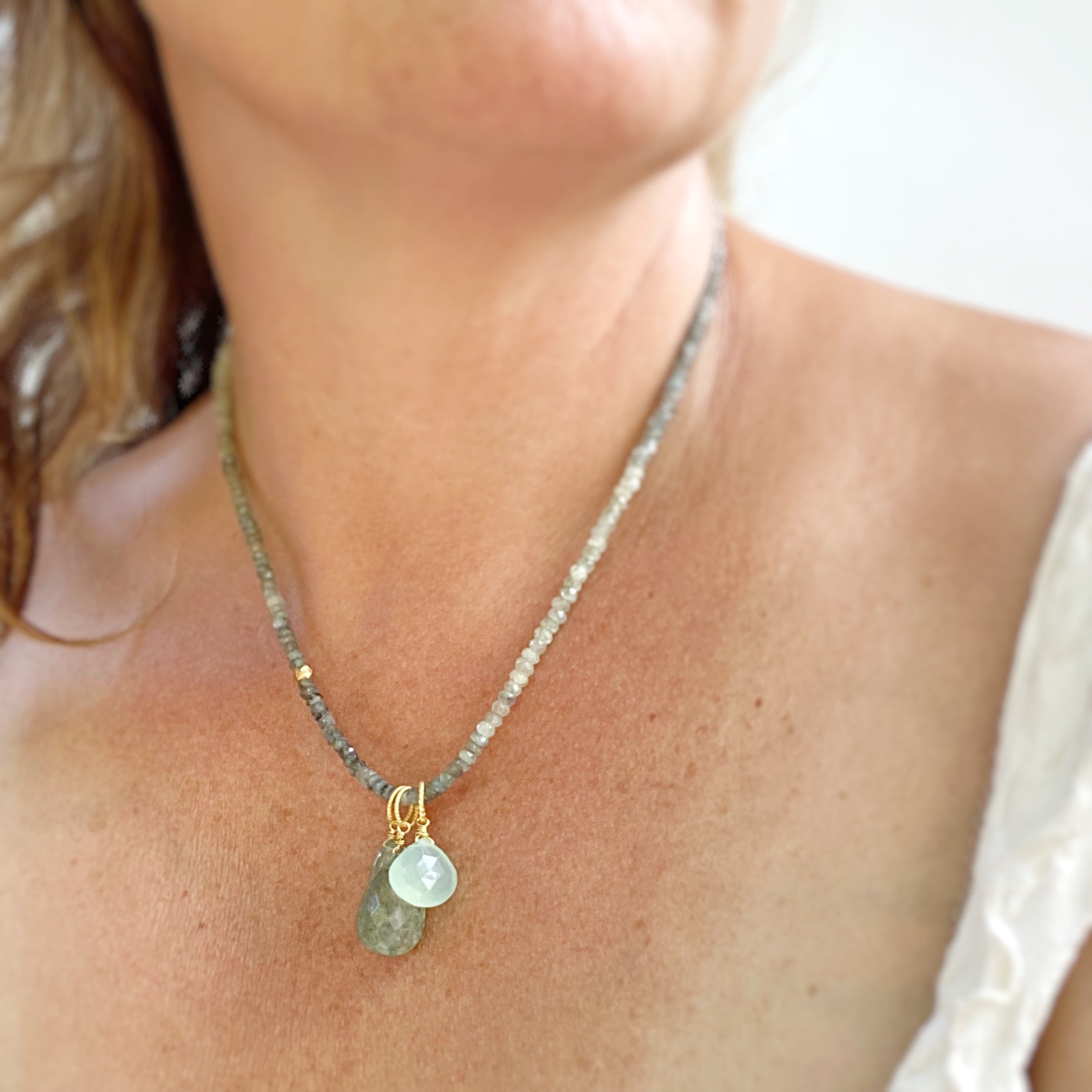 Headwaters Focal Drop Necklace, Moss Aquamarine